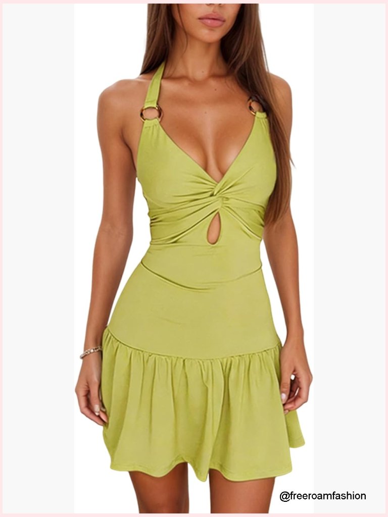 Deep V Neck Halter Mini Dress Sleeveless Ruched Twist Knot A-Line